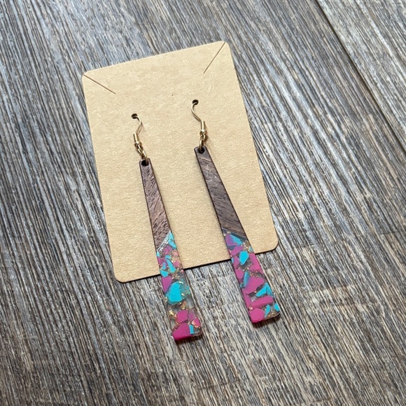 Wood and Resin Multicolor Dangle Earrings - Picture 2 of 6